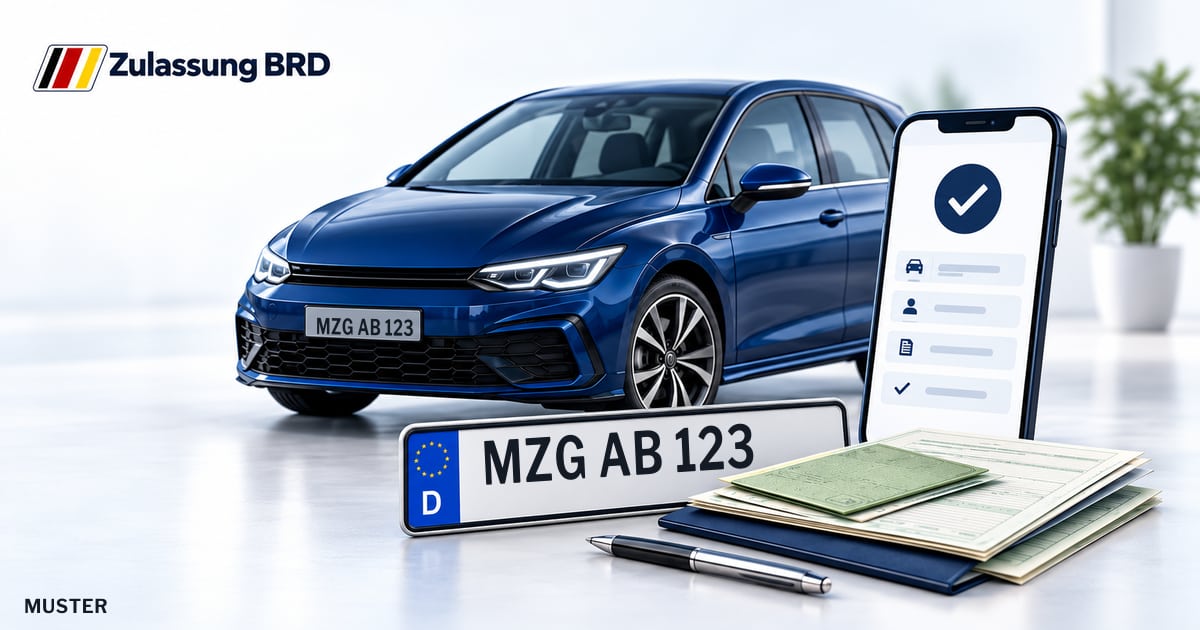 Online Fahrzeugzulassung in Beckingen: Musterkennzeichen MZG AB 123, Auto und Fahrzeugpapiere und Smartphone. Illustration mit Logo von Zulassung BRD.